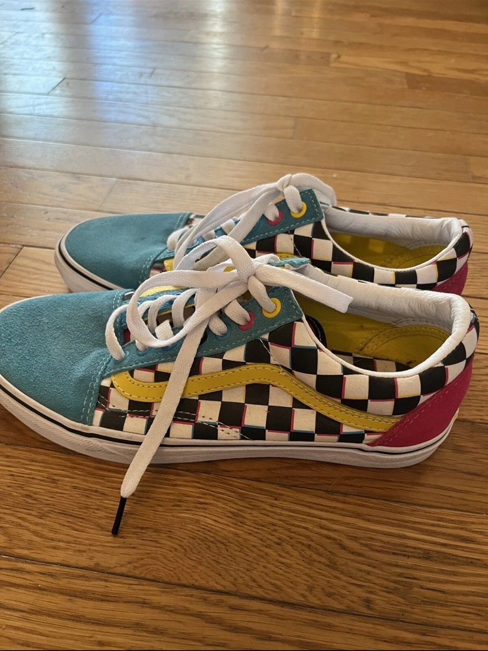 Vans Checkerboard Teal & Yellow Low-Top Sneakers women’s 9.5 men’s 8 Skater - Picture 5 of 6